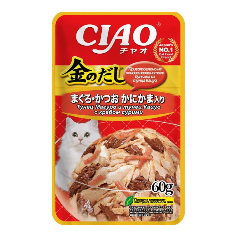 INABA CIAO Kin no dashi Влажный корм для кошек, тунец Магуро и тунец Кацуо с крабом сурими,  60 г