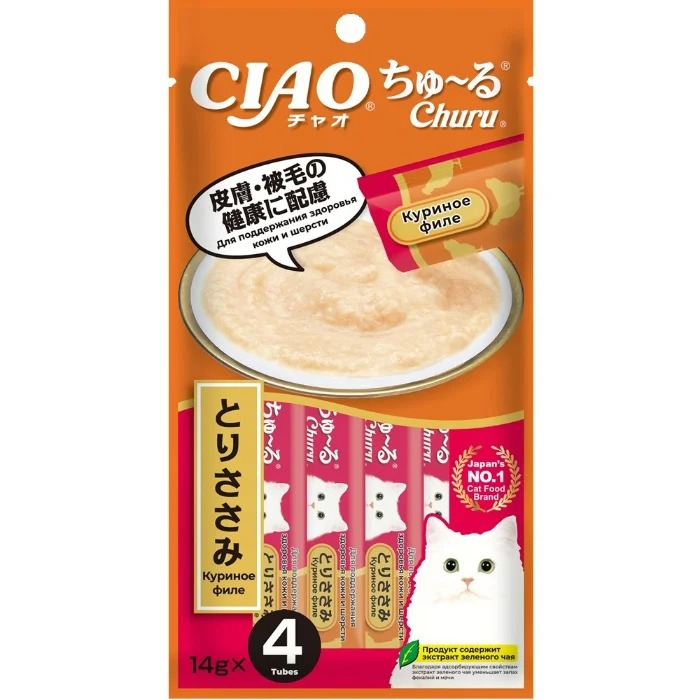 INABA CIAO Churu Крем-Лакомство  пюре для кошек Куриное филе для поддержания здоровья кожи и шерсти, 14 г х 4 шт. 2042392543992