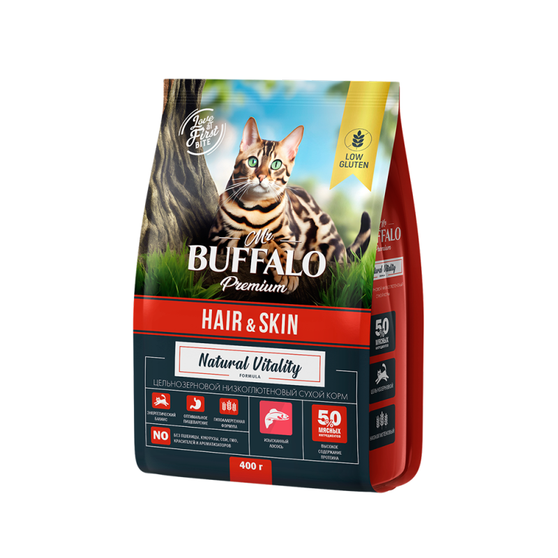Mr.BUFFALO Сухой корм с лососем кошек для красивой шерсти 400гр