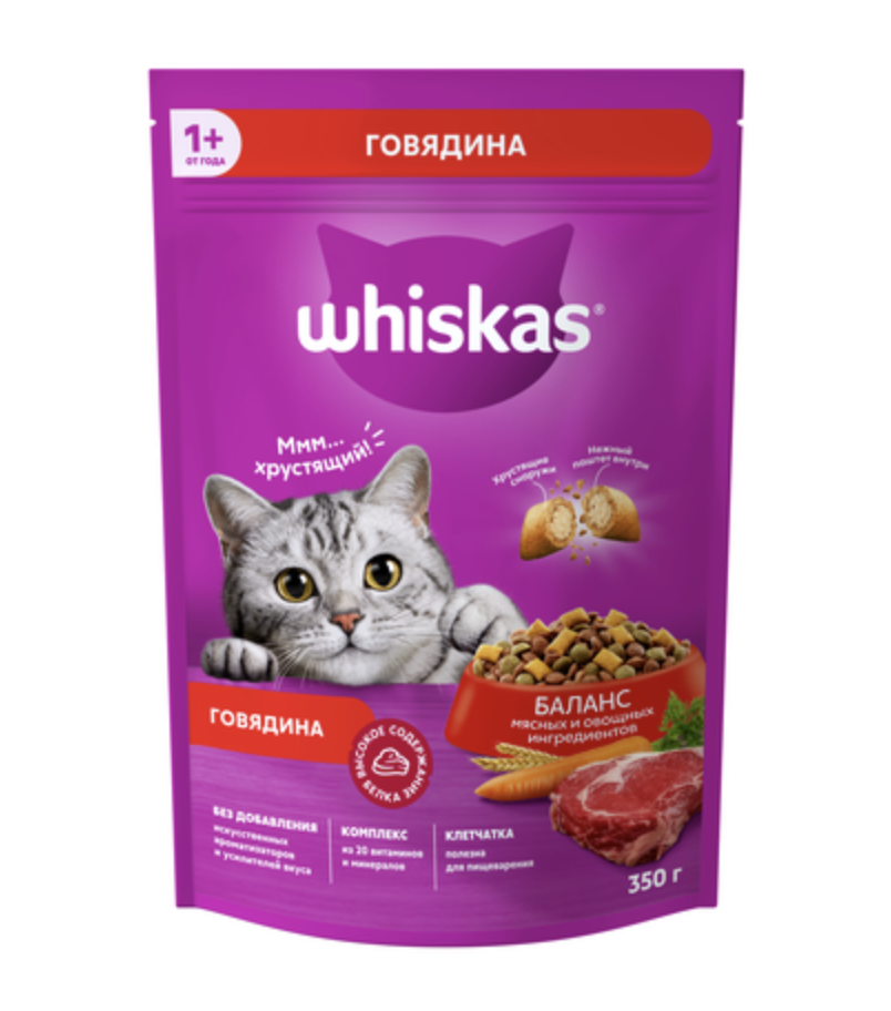 WHISKAS Whiskas Сухой корм для взрослых кошек с говядиной 350 г