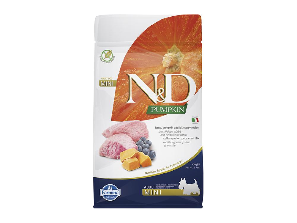 Сухой корм для взрослых собак мелких пород Farmina N&D Pumpkin, беззерновой, ягненок с тыквой и черникой, холистик, 800 гр