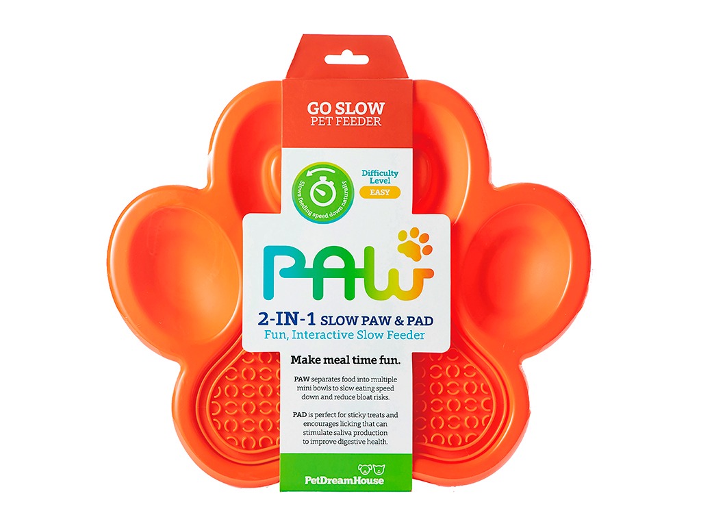 Миска Лапа для медленного кормления 2в1, оранжевая / PetDreamHouse PAW 2-IN-1 Slow Feeder & Lick Pad Orange Easy, 540 г