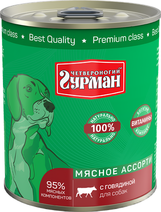 Четвероногий гурман Мясное ассорти консервы для собак с говядиной, 340 г