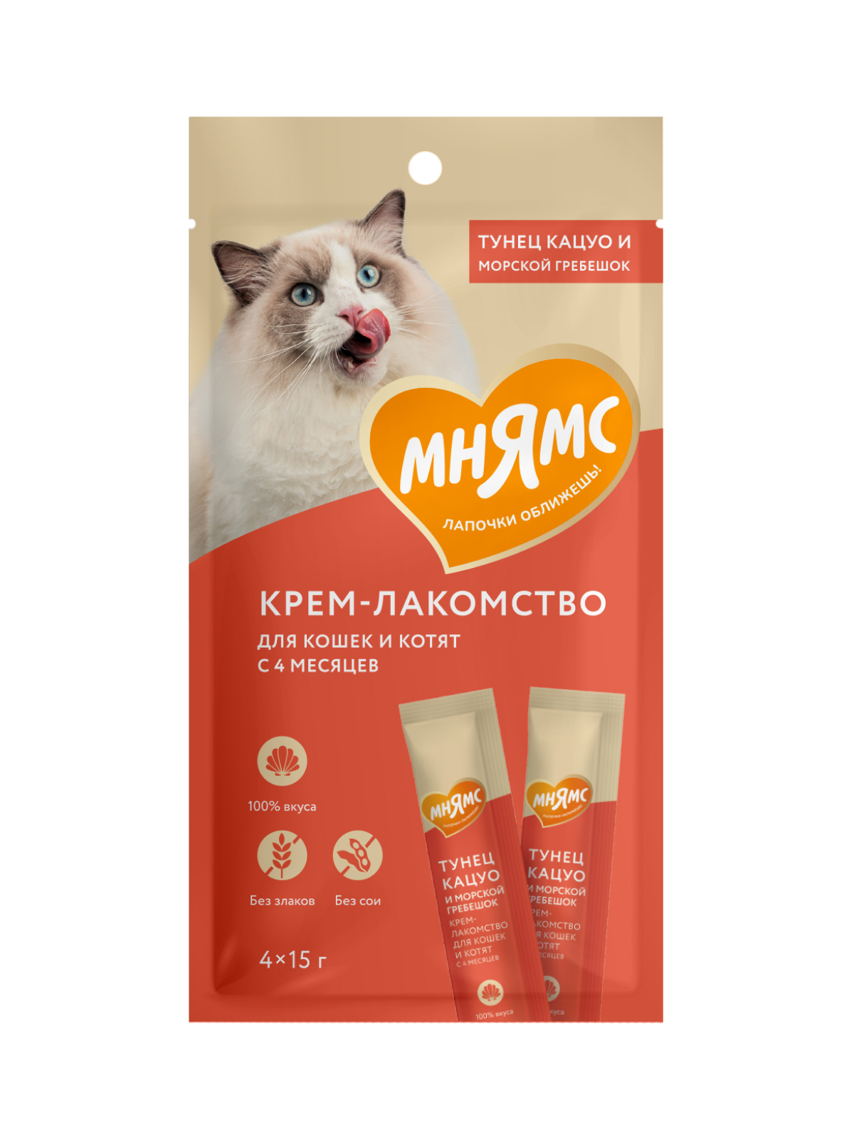 Мнямс Крем-Лакомство для кошек с тунцом Кацуо и морским гребешком 15 г х 4 шт.