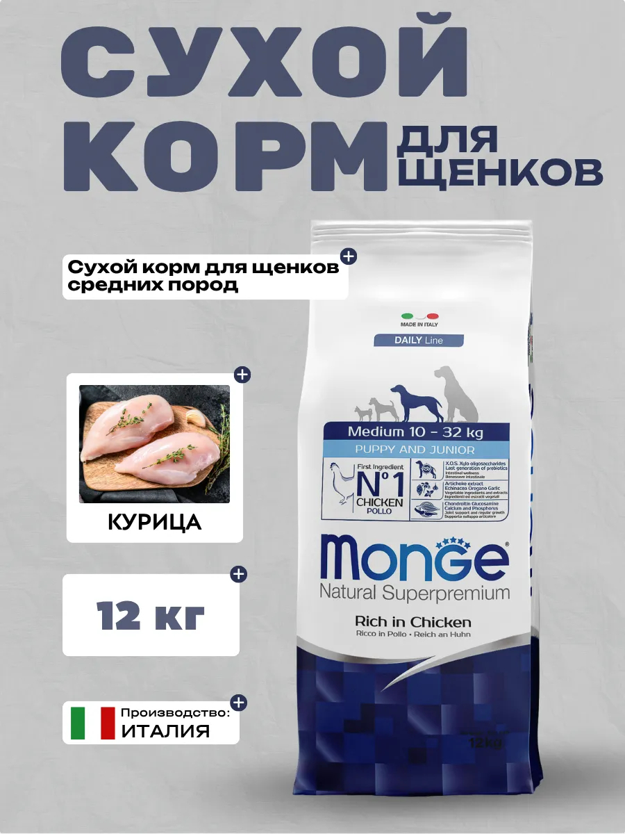 Сухой корм Monge Dog Daily Line Medium для щенков средних пород, из курицы 12 кг
