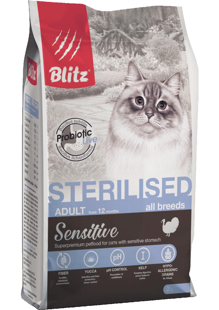 BLITZ Сухой корм Sensitive для стерилизованных кошек индейка 10 кг 4627079680559