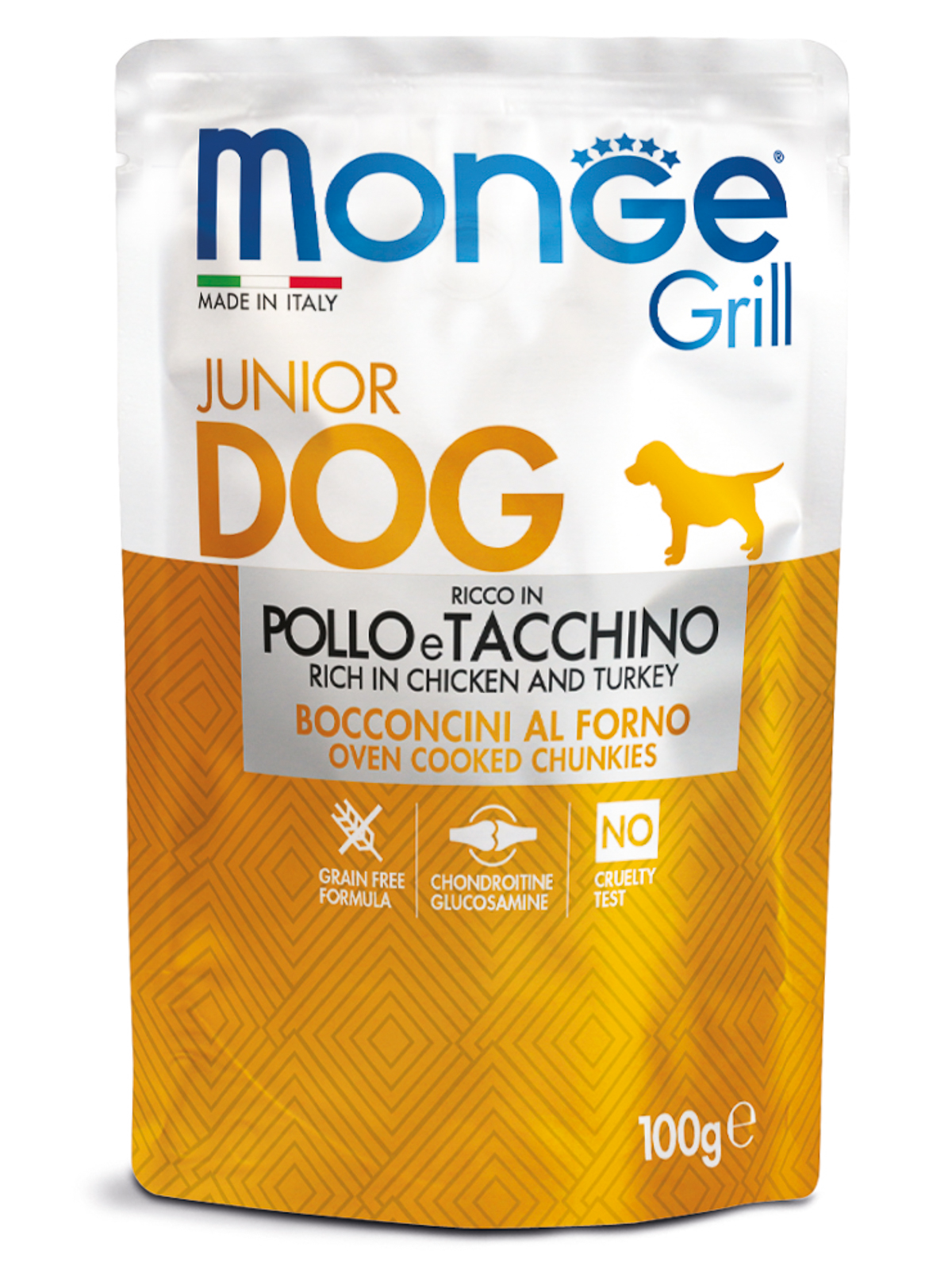 Влажный корм Monge Dog Grill Puppy&Junior для щенков с курицей и индейкой, паучи 100 г