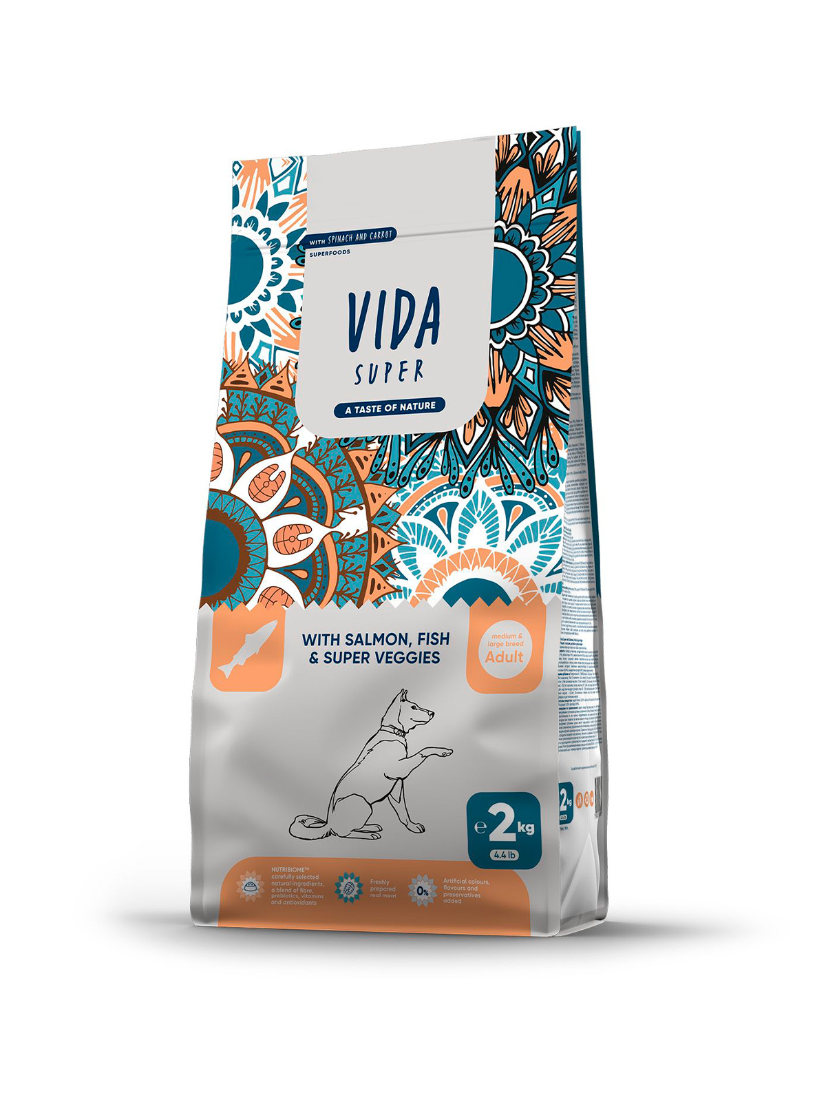 Сухой корм VIDA SUPER для взрослых собак средних и крупных пород из лосося и рыбы с овощами 2 кг