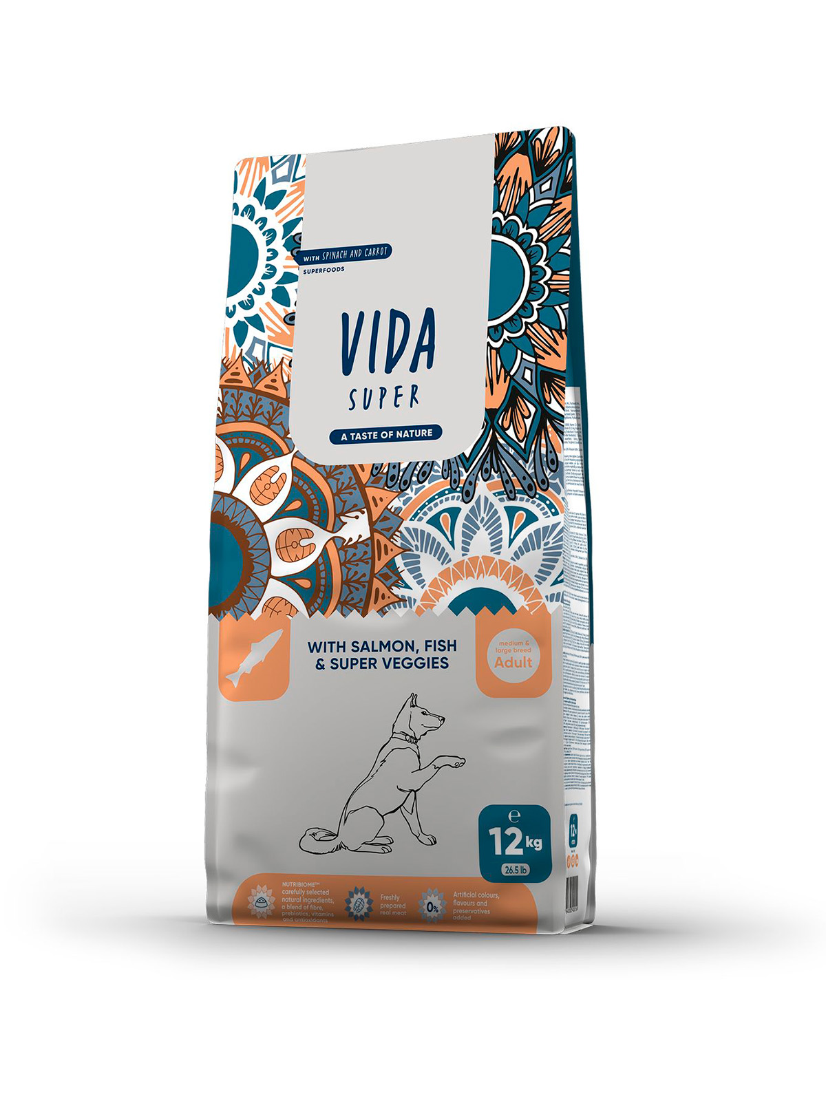 Сухой корм VIDA SUPER для взрослых собак средних и крупных пород из лосося и рыбы с овощами 12 кг