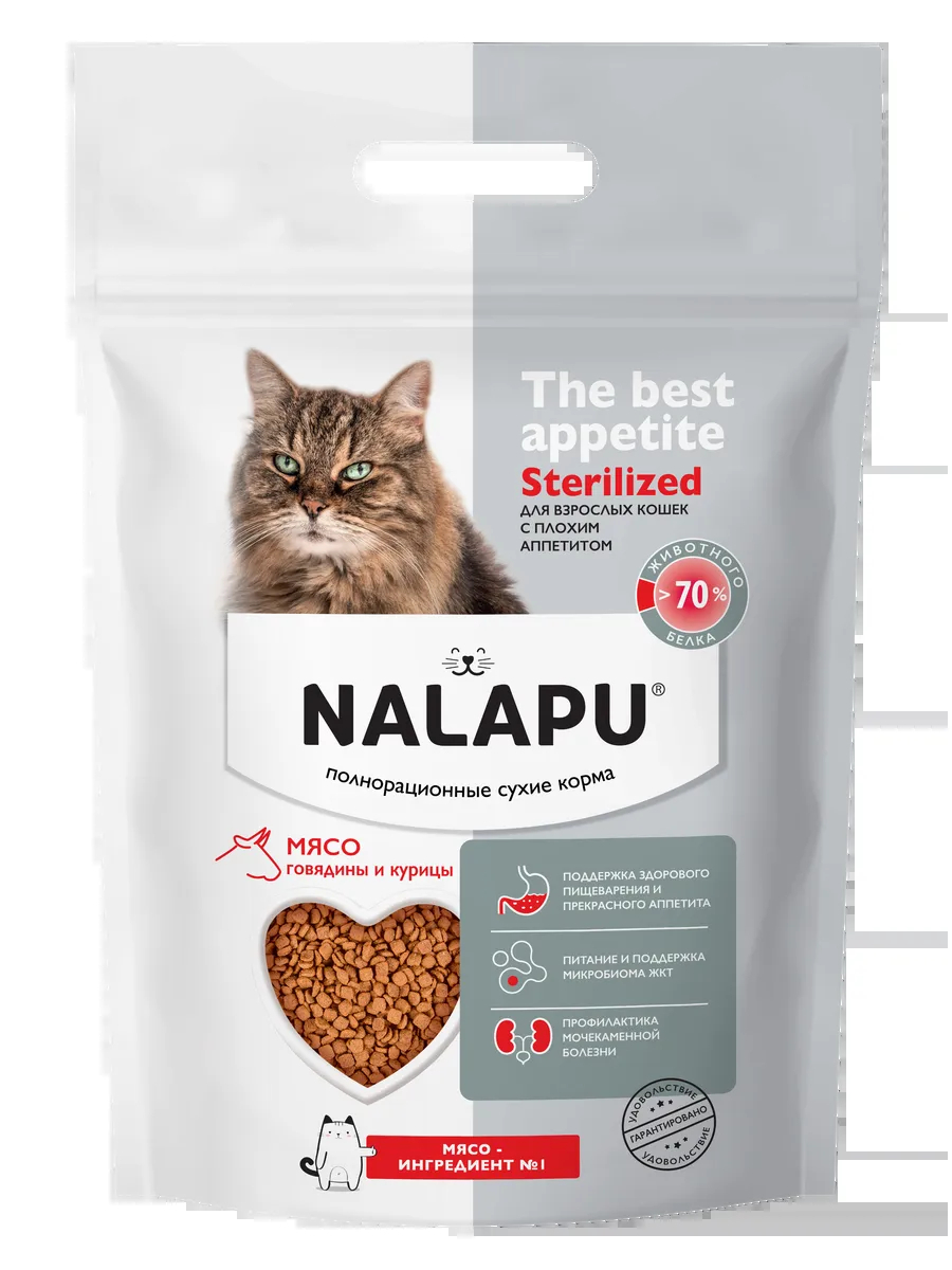Корм сухой NALAPU The Best appetite Sterilized, с говядиной и курицей, для взрослых кошек, 1,2 кг