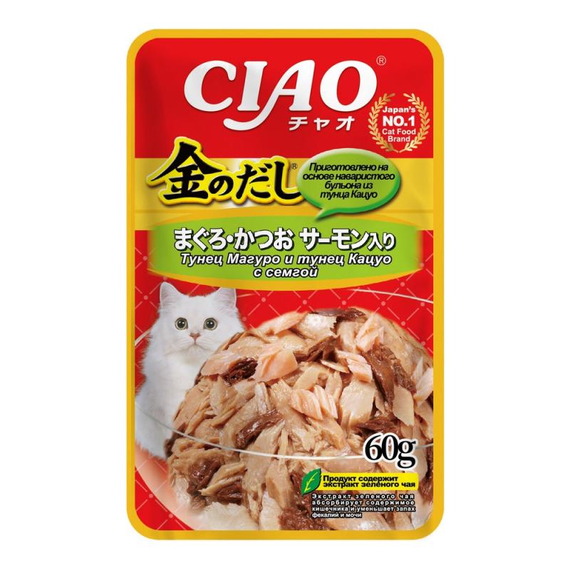 INABA CIAO Kin no dashi Влажный корм для кошек,  тунец Магуро и тунец Кацуо с сёмгой, 60 г