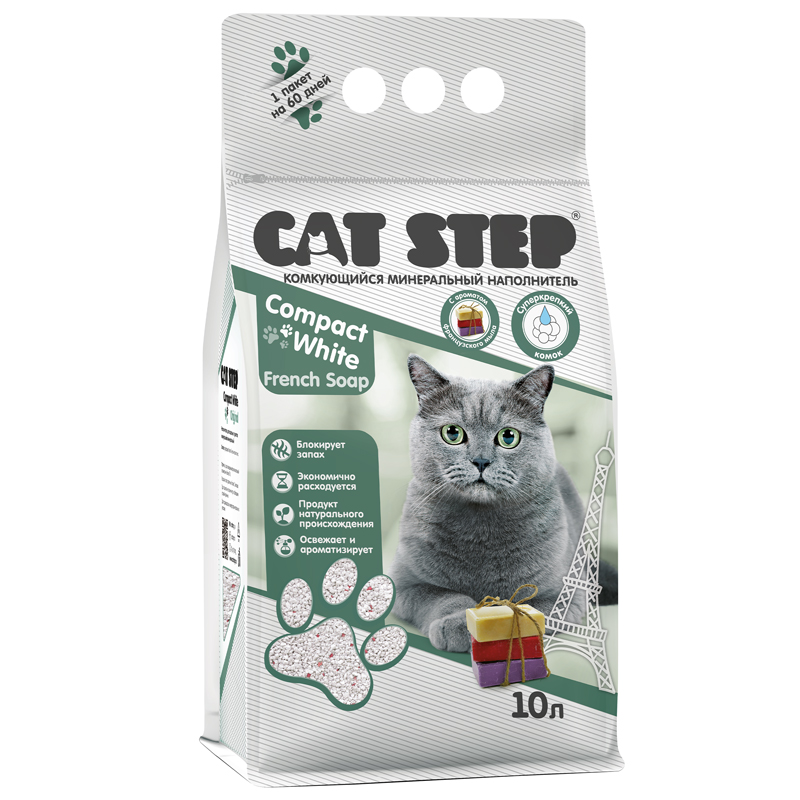 CAT STEP Compact White French Soap Наполнитель комкующийся минеральный, 10 л