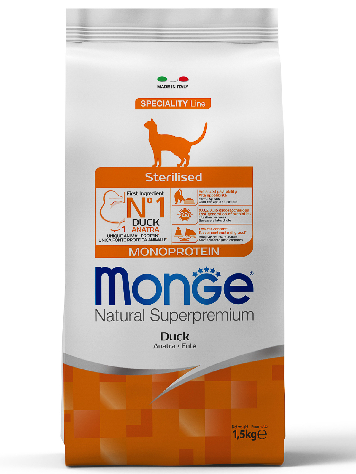 Сухой корм Monge Cat Speciality Line Monoprotein Sterilised для стерилизованных кошек, из утки 1,5 кг