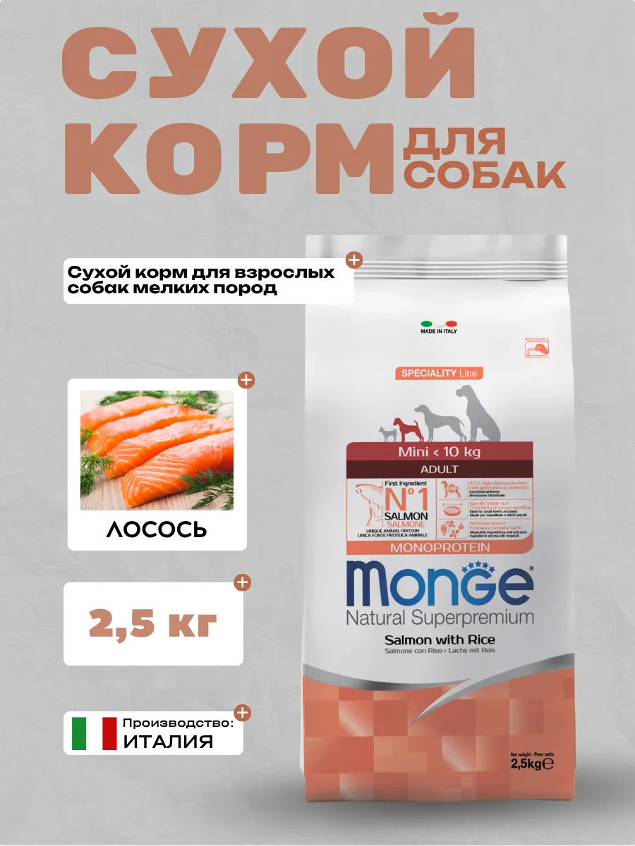 Сухой корм Monge Dog Speciality Line Monoprotein Mini для взрослых собак мелких пород, из лосося с рисом 2,5 кг