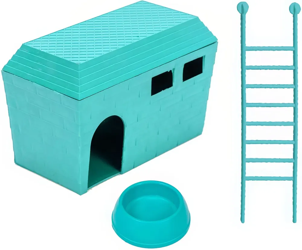 HomePet Домик пластиковый для грызунов в комплекте миска и лесенка, бирюзовый, 15см х 8,5см х 10см
