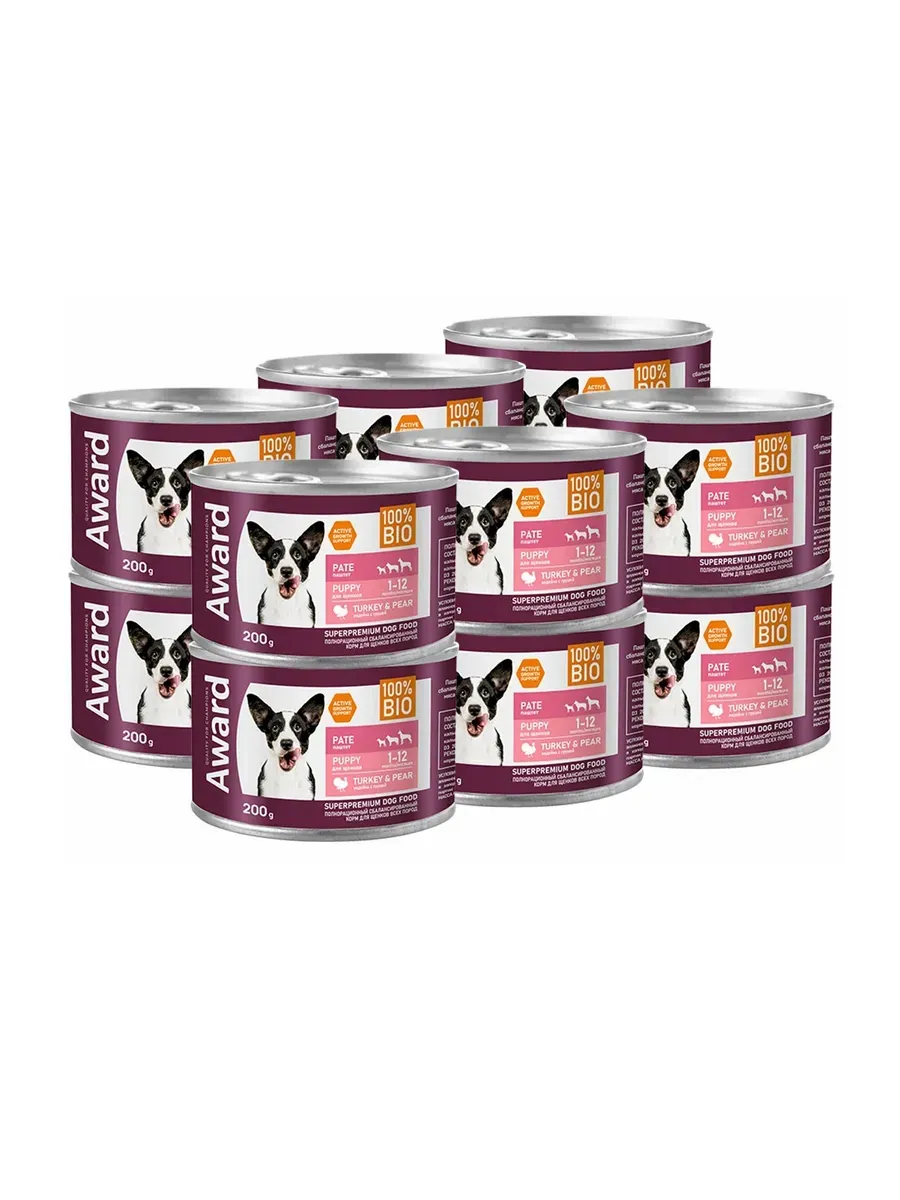 AWARD Влажный корм для щенков паштет из индейки с грушей 12шт-200г 2039262892564 4620202540508