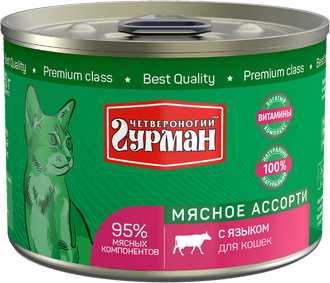 Четвероногий Гурман Корм влажный для кошек "Мясное ассорти с языком", 190г