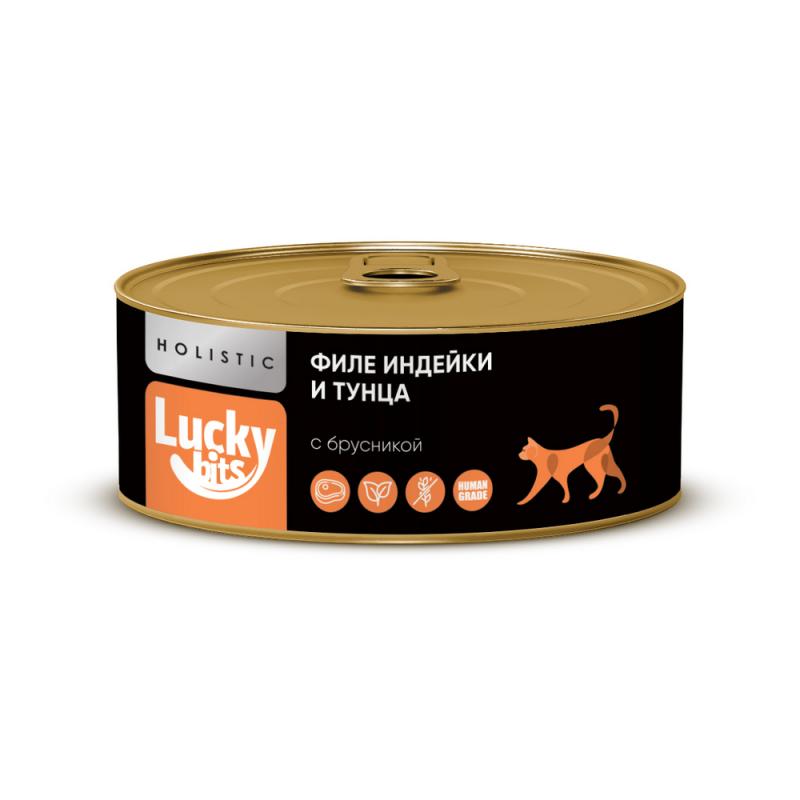 Lucky bits Консервы для кошек,  филе индейки и тунца с брусникой, 100 г