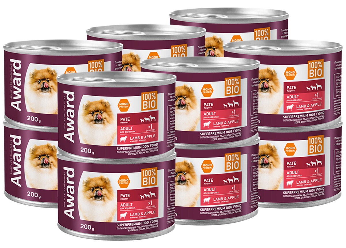 AWARD Влажный корм для собак паштет из ягненка с яблоком 12шт-200г 4620202540515