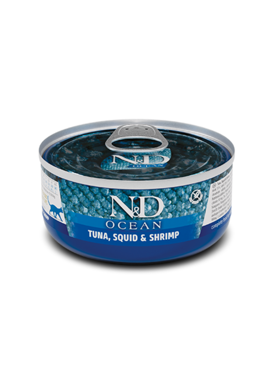 FARMINA Влажный корм для кошек N&D Ocean, тунец, кальмар и креветка, 70 гр