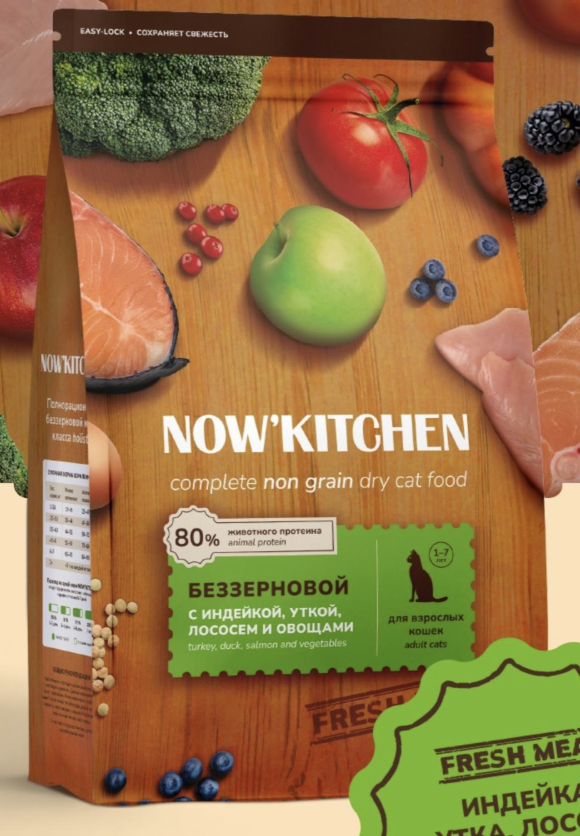NOW'KITCHEN Сухой корм для кошек с индейкой,уткой и лососем 0,4 кг 4670236590949