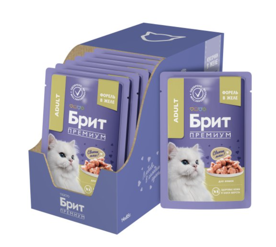 Brit Premium паучи для взрослых кошек с форелью кусочки в желе - 85 г х 14 шт