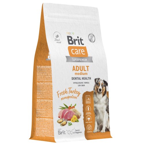 Brit Care Dog Adult M Dental Health Сухой корм для взрослых собак средних пород для здоровья полости рта, с индейкой, 3 кг 6010131