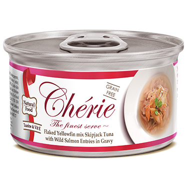 Pettric Петтрик Консервы Cherie-ТУНЕЦ С ЛОСОСЕМ В ПОДЛИВЕ/Flaked Yellowfin mix Skipjack Tuna with Wild Salmon Entrees in Gravy 80 г