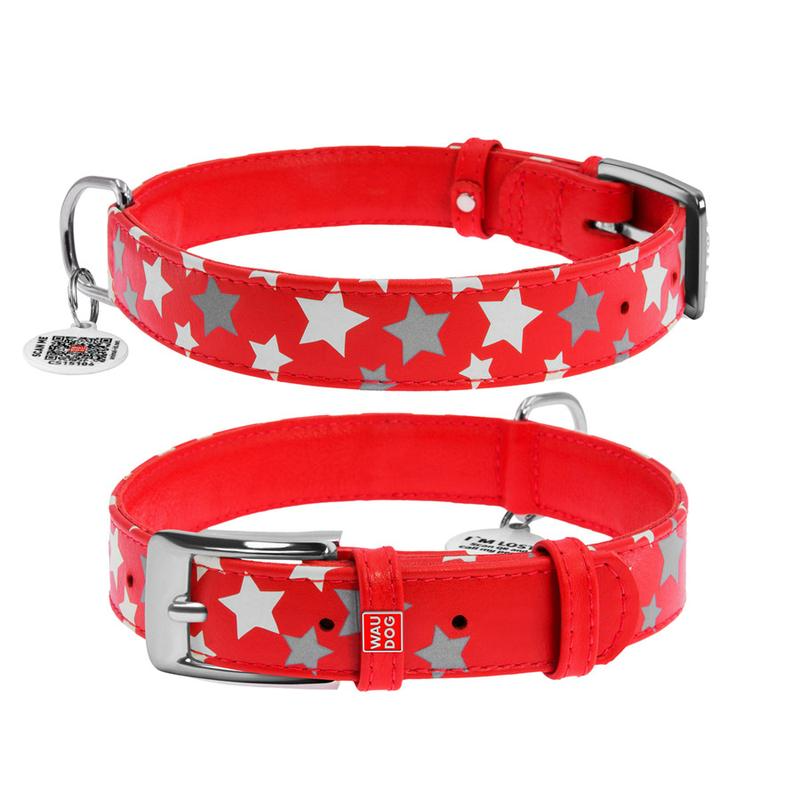 Ошейник для собак WAUDOG Glamour, с QR-паспортом, кожаный, с узором "Звездочка", светящийся (XS, 15мм, 27-36см, красный)