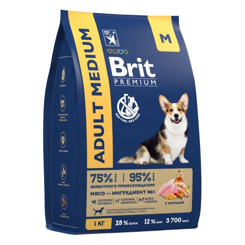 Брит Premium Dog Adult Medium с курицей для взрослых собак средних пород (10–25 кг), 1 кг 5049943