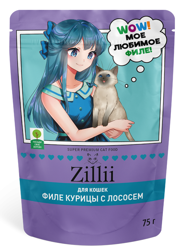 ZILLII Влажный корм для взрослых и стерилизованных кошек  филе Куриное и филе Лосося в соусе 75г