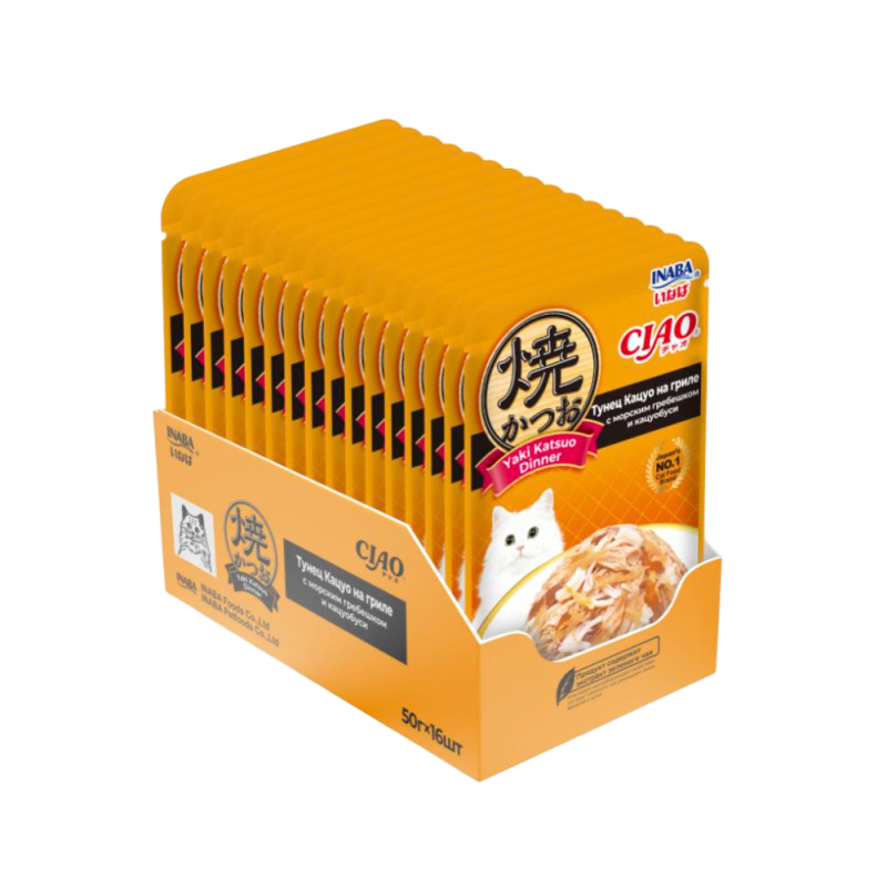 INABA Влаж корм д/кошек Yaki Katsuo Dinner Тунец Кацуо на гриле с морс. гребеш. и кацуобуси пауч 50г-16шт 2042467034844