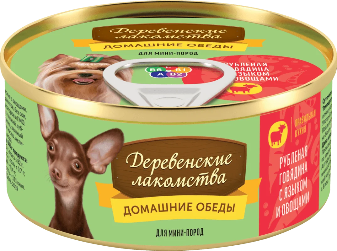 Деревенские лакомства домашние обеды влажный корм для собак мини пород рубленая говядина с языком и овощами 100гр- 1 шт 4607076135436
