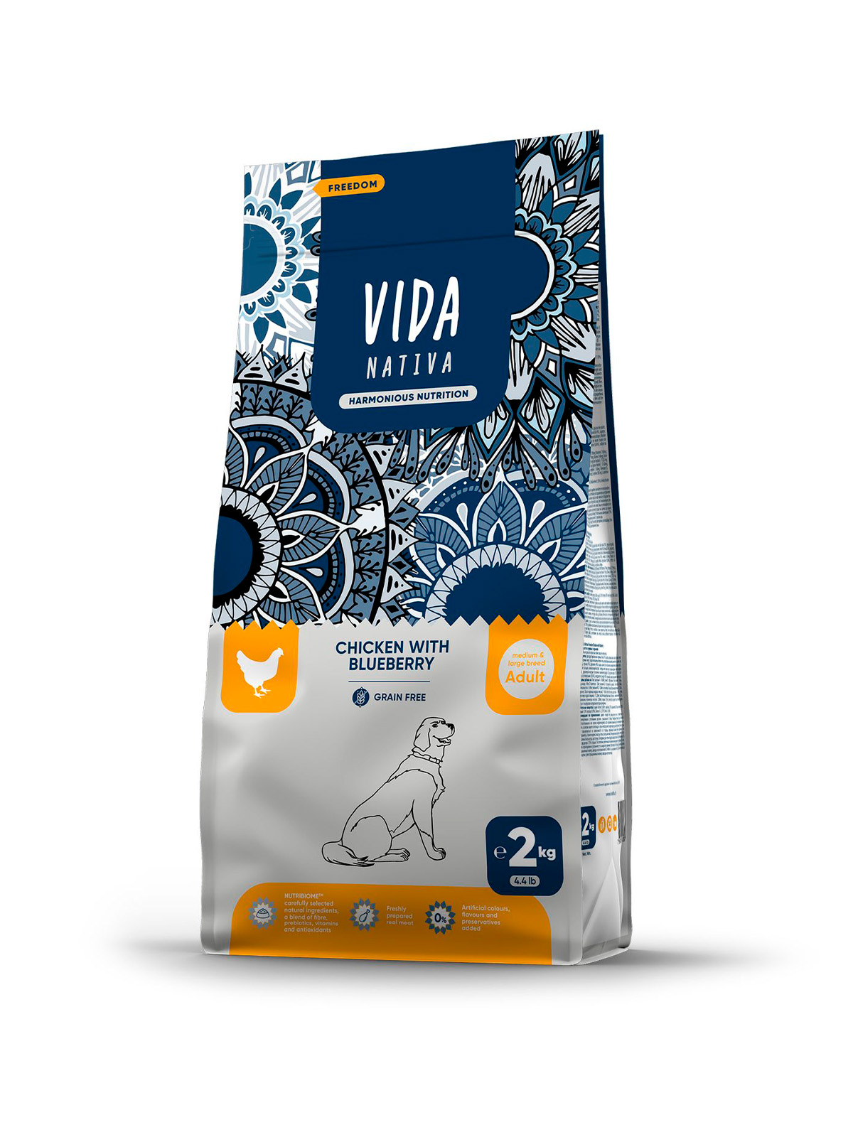 Сухой корм VIDA NATIVA для взрослых собак средних и крупных пород из курицы с черникой 2 кг