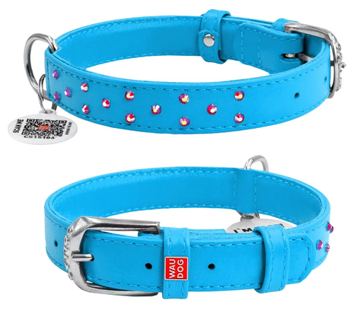 Ошейник для собак WAUDOG Glamour, с QR-паспортом, кожаный, с клеевыми стразами (S, 20мм, 30-39см, голубой)