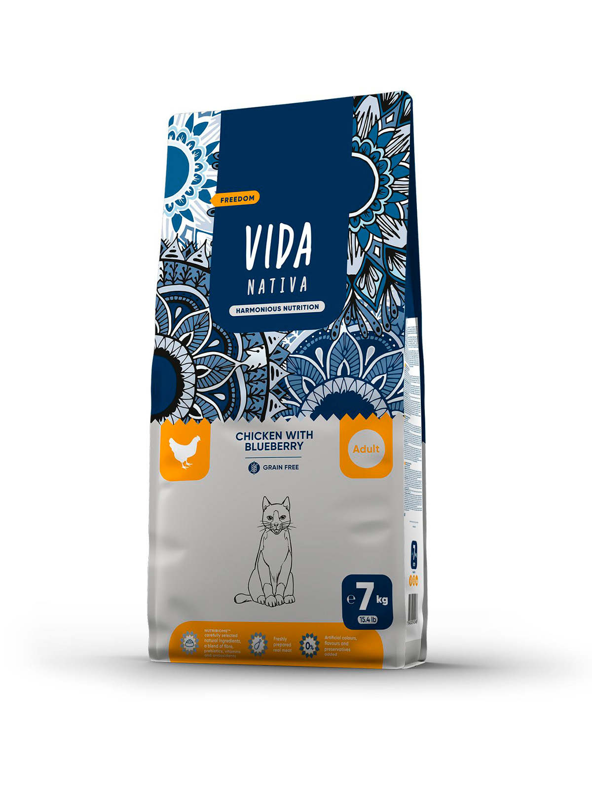 Сухой корм VIDA NATIVA для взрослых кошек из курицы с черникой 7 кг