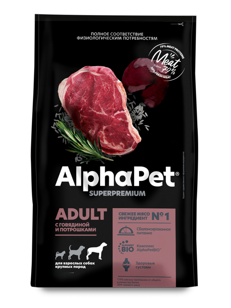 AlphaPet Superpremium Сухой корм для собак крупных пород с говядиной и потрошками 12 кг 4670064651461