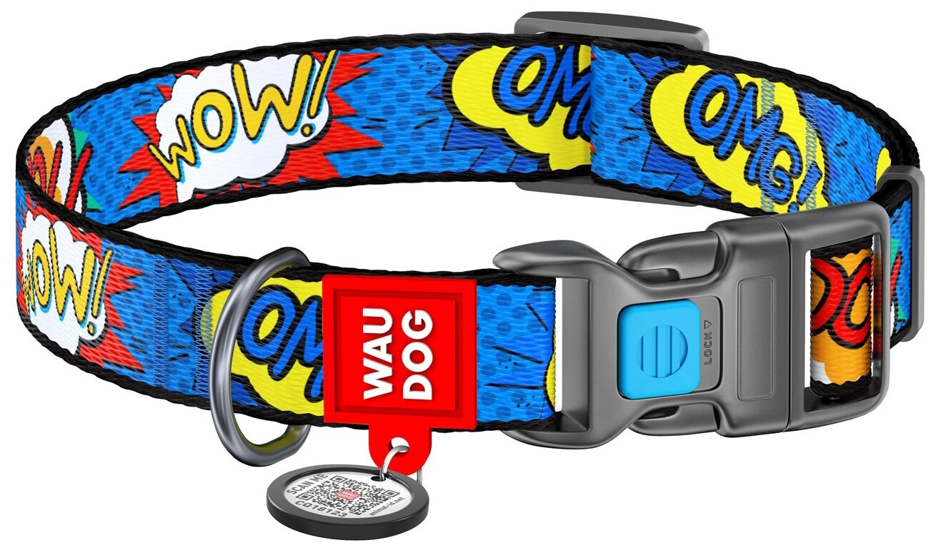Ошейник для собак WAUDOG Nylon "ВАУ", с QR-паспортом, нейлоновый, пластиковый замок (XL, ширина 25мм, длина 35-58см)
