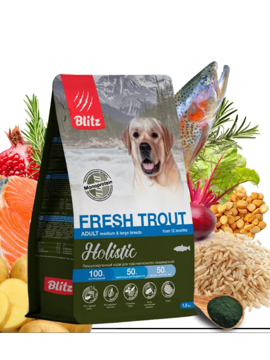 BLITZ Holistic Cухой корм для собак средних и крупных пород с форелью 1,5кг
