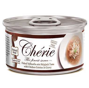 Pettric Петтрик Консервы Cherie-ТУНЕЦ С КУРИЦЕЙ В ПОДЛИВЕ/Flaked Yellowfin mix Skipjack Tuna with Chicken Entrees in Gravy 80 г