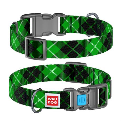 Ошейник для собак WAUDOG Nylon "Шотландка зеленая", с QR-паспортом, нейлоновый, пластиковый замок (L, ширина 25мм, длина 31-49см)