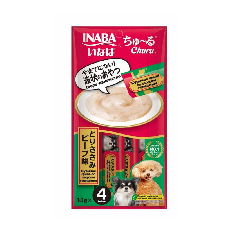 Inaba Крем-лакомство INABA Churu пюре для собак Куриное филе со вкусом говядины, 14 г х 4 шт. 4901133444982