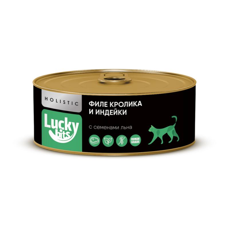 Lucky bits Консервы для кошек, филе кролика и индейки с семенами льна, 100 г