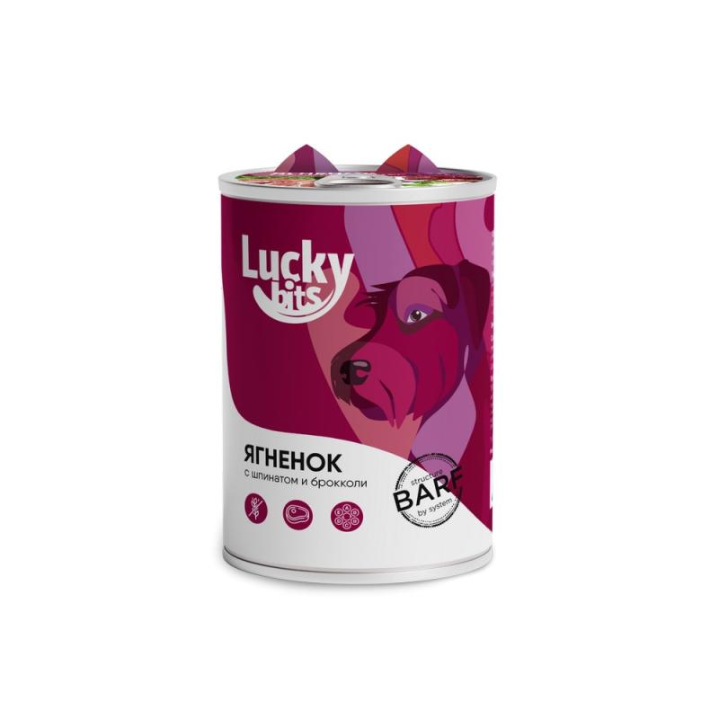 Консервы для собак всех пород с 6 мес. Lucky bits ягненок с брокколи и шпинатом, 400 г (Лаки битс)