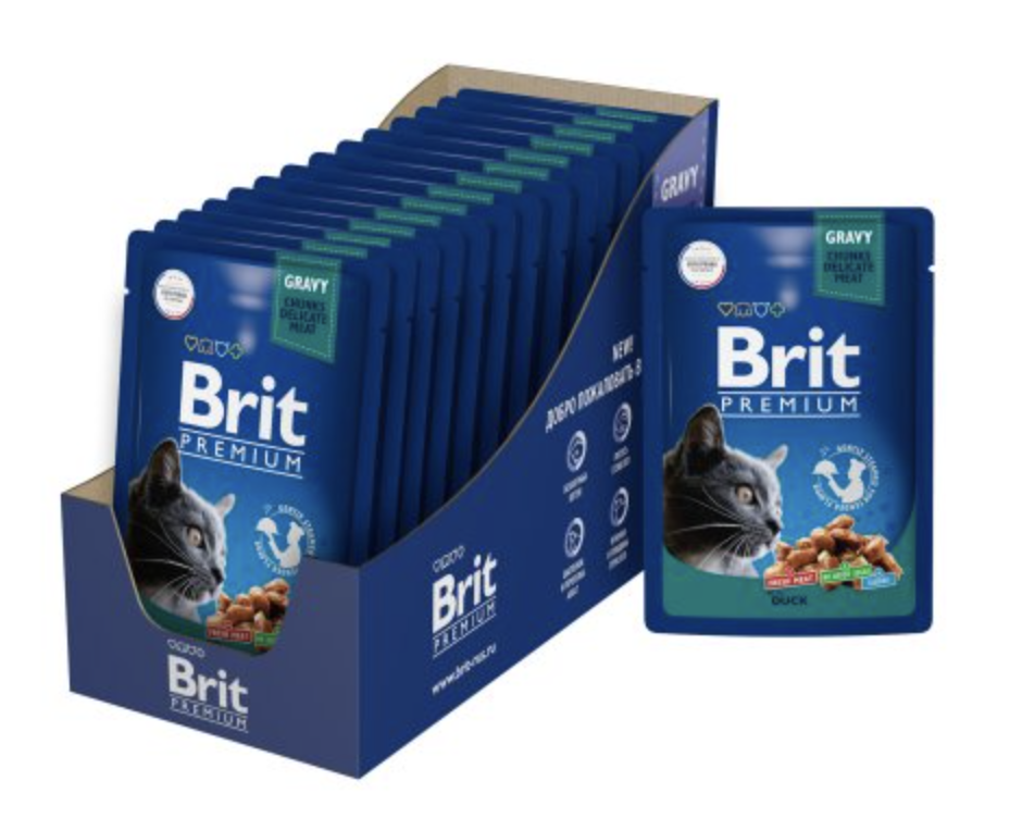 Brit Premium паучи для взрослых кошек с уткой кусочки в соусе - 85 г х 14 шт