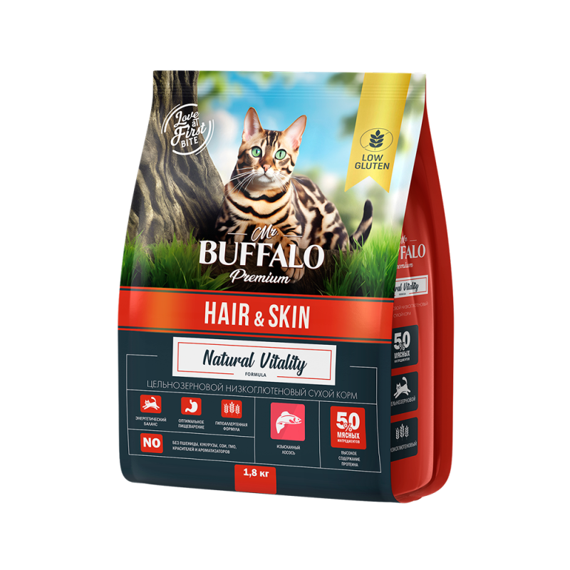 Mr.BUFFALO Сухой корм с лососем кошек для красивой шерсти 1,8кг