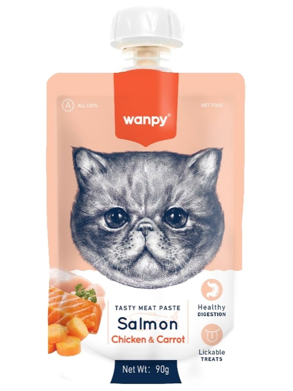 Wanpy Cat Лакомство для кошек Мясной мусс из лосося и курицы с морковью 90 г