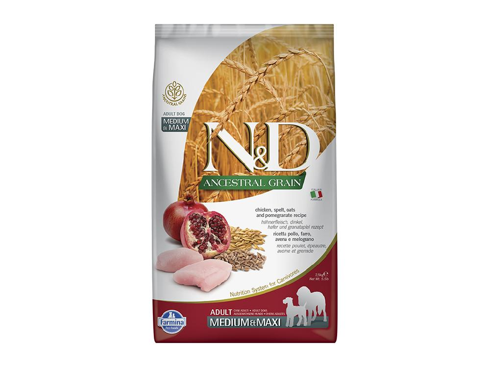 FARMINA Сухой корм для взрослых собак средних и крупных пород Farmina N&D Ancestral grain, низкозерновой, курица с гранатом, пшеницей и овсом, холистик, 2,5 кг