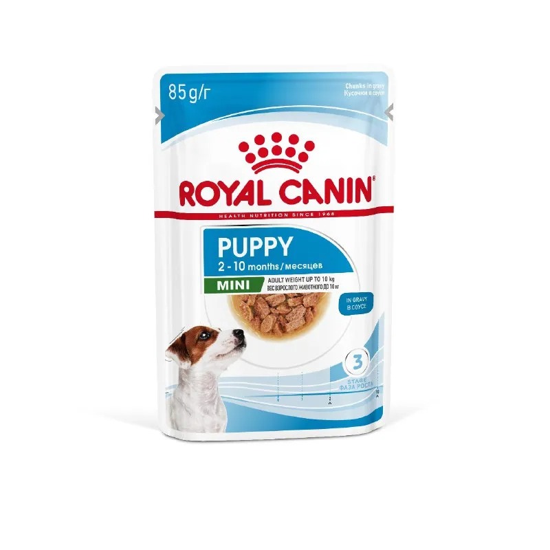 Влажный корм Royal Canin Mini Puppy для щенков мелких пород в возрасте до 10 месяцев, кусочки в соусе 85гр