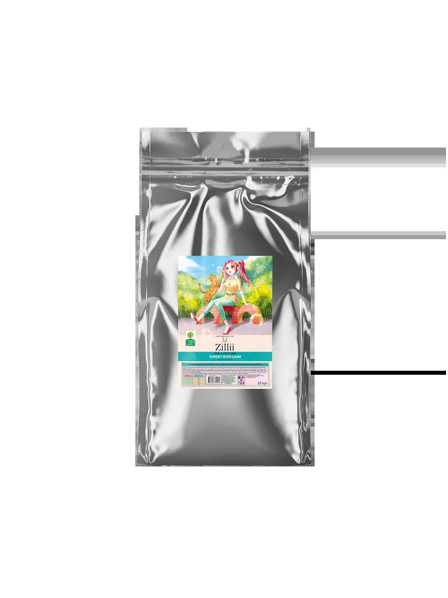 Zillii корм для кошек для кожи и шерсти с индейкой и ягненком 10 кг